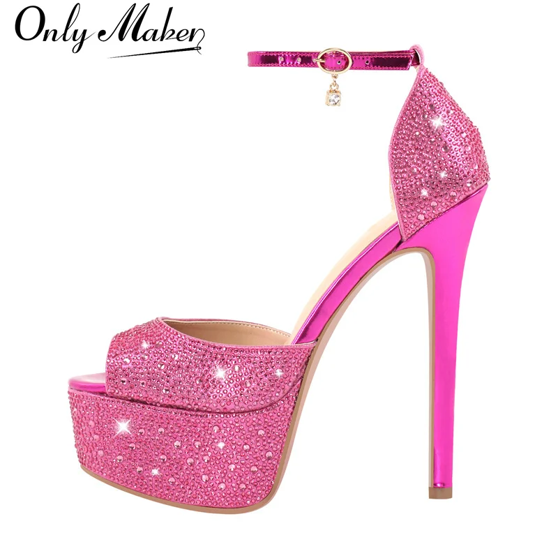 Onlymaker damskie różowe Rhinestone okrągłe Toe czółenka na platformie cienkie wysokie obcasy szpilki Slip On wesele buty w dużych rozmiarach