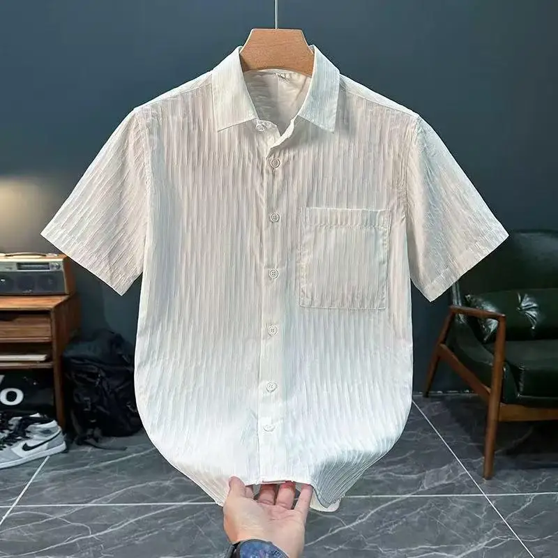  Textured Short Sleeve Men's Shirt Summer Breathable Casual Business Quick Dry Bubble Cloth Half Sleeve Lightweight ...