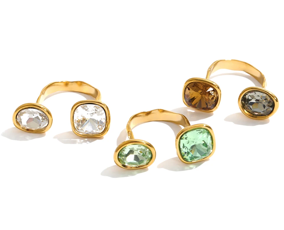 Yhpup Edelstahl Verstellbarer Offener Ring Braun Weiß Grün Quadratischer Kristall Goldfarben Neuheiten Finger Modeschmuck – Detail 2