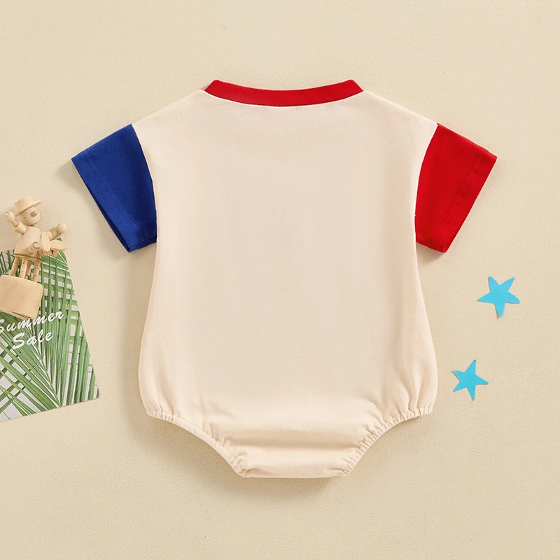 

4th of July Baby Rompers Infant Girls Boys Fuzzy Letter Embroidery Contrast Color Short Sleeve Bodysuits Summer Jumpsuit