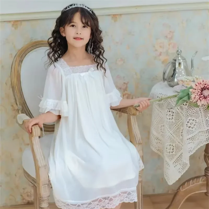 Girl Princess Nightgown Long Sleeved Spring And Autumn Children's Lace Palace Baby Girl Parent-child Ice Silk Pajamas