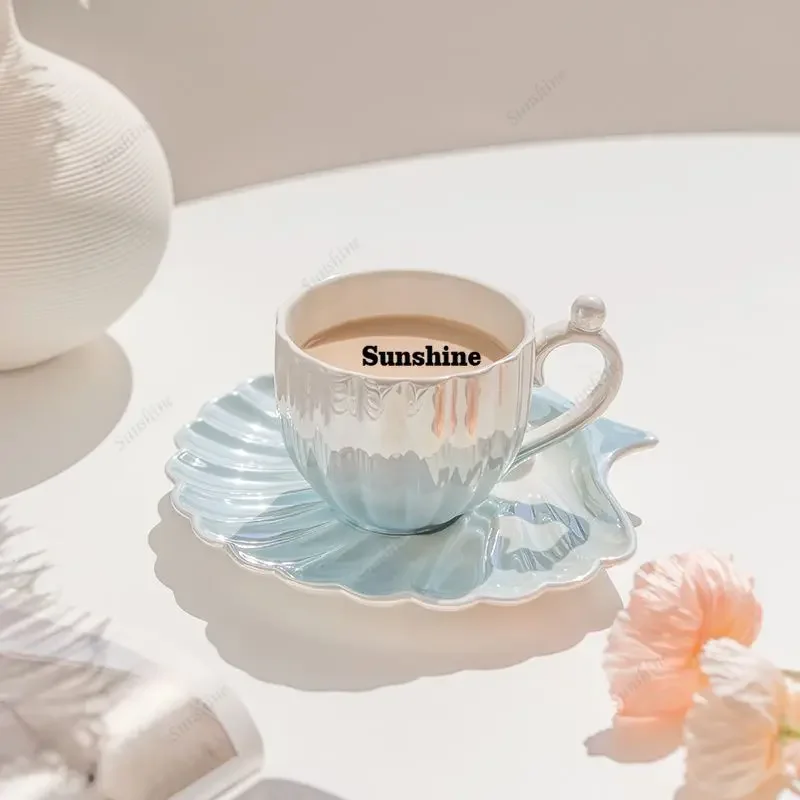 

Керамические чашки и блюдца с градиентным эффектом в форме ракушки, для завтрака, чая, кофе, праздничный подарок, абстрактная кружка в форме ракушки, декор для дома