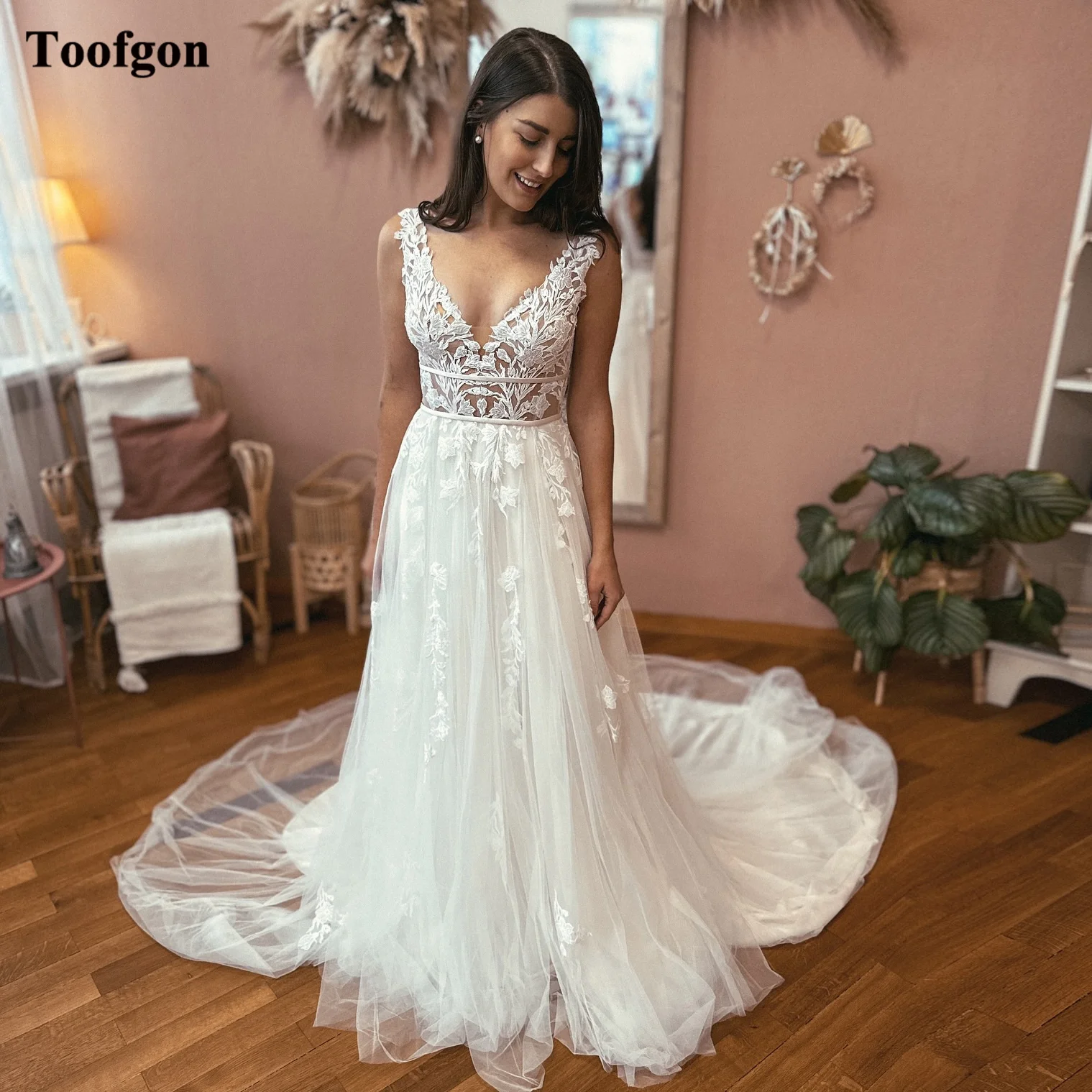 Toofgon-Vestidos de Novia de encaje con apliques de línea A para mujer, vestidos de novia formales con cuello en V profundo, tren de corte, vestidos de novia de fiesta