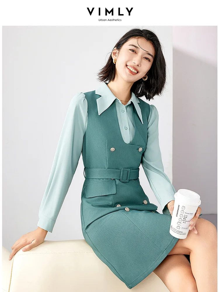 Vimly Office Lady Elegant 2 Piece Dress Sets Womens Outfits 2023 Autumn Long Sleeve Shirt Belt Double Breasted Tank Dress M2591