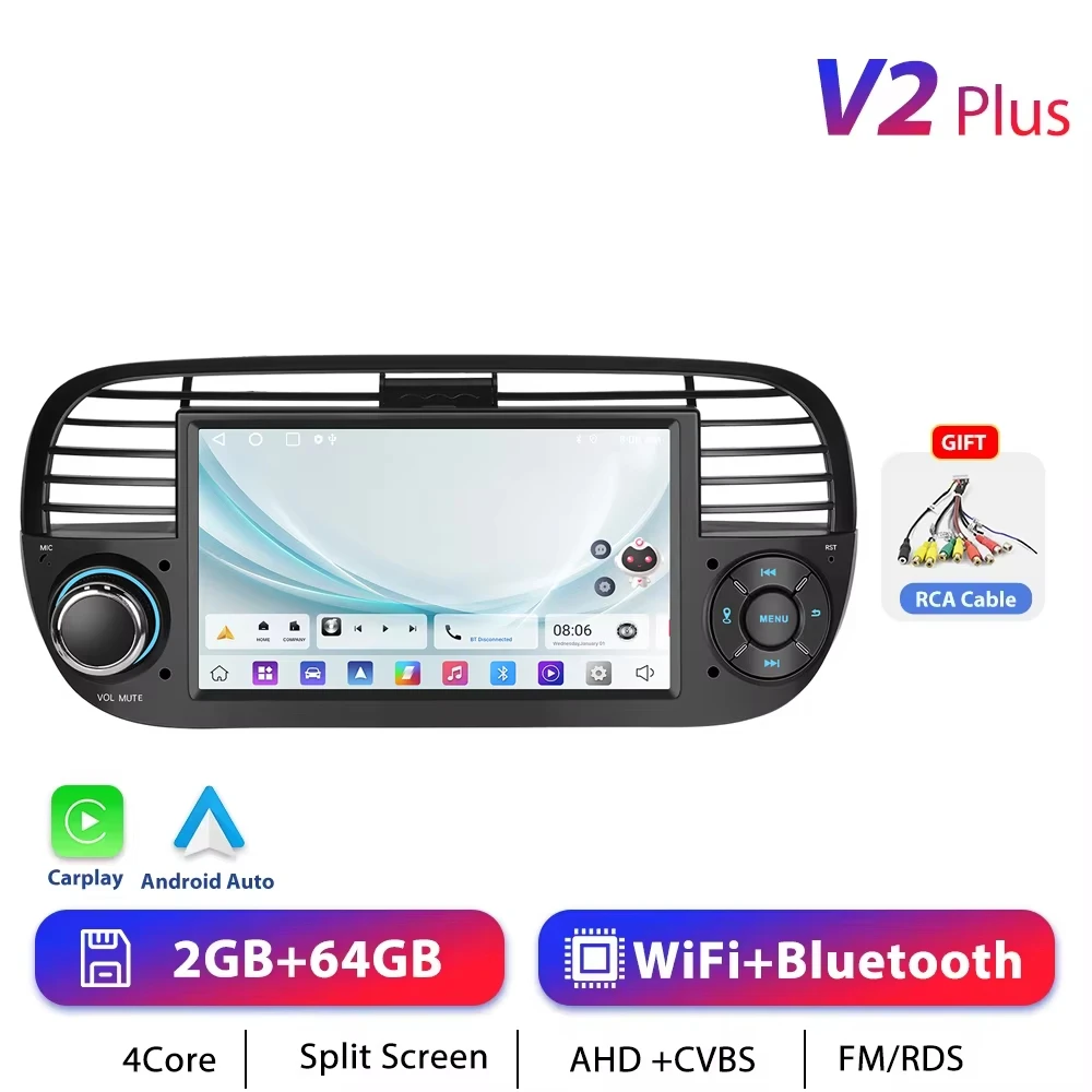 Podofo 7 "CarPlay Android Autoradio Voor Fiat 500 2007-2015 Auto Intelligent Systeem 2din GPS Stereo Ontvanger FM RDS Autoradio Dashboard Head Unit Navigatie Auto Multimedia Speler