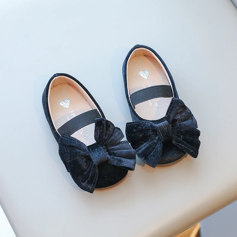 Cute Big Bowknot Velvet Ballet Flats Girls Fashion Red Mary Jane Shoes Baby Child Soft Sole Wedding Party Velour Dress Zapatos