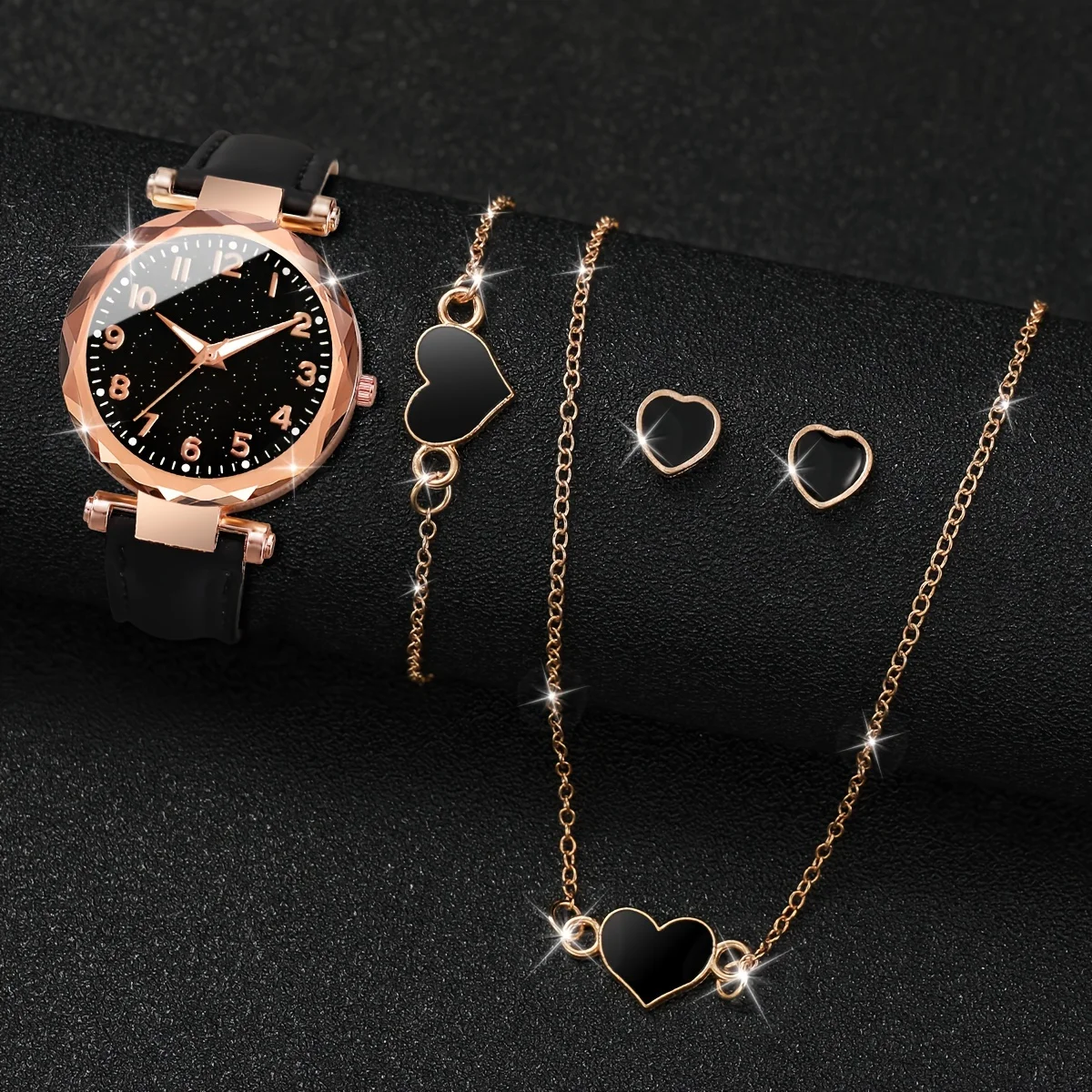 5 pçs/set feminino estrelado moda relógio de quartzo analógico couro do plutônio relógio de pulso & coração conjunto jóias, presente do dia dos namorados para ela