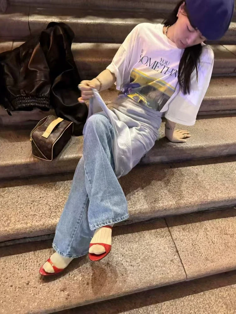 Retro Print Loose Fit ort Sve T-irt round Ne f Sve Summer Sweat Absorbing Women's Faion Casual Top