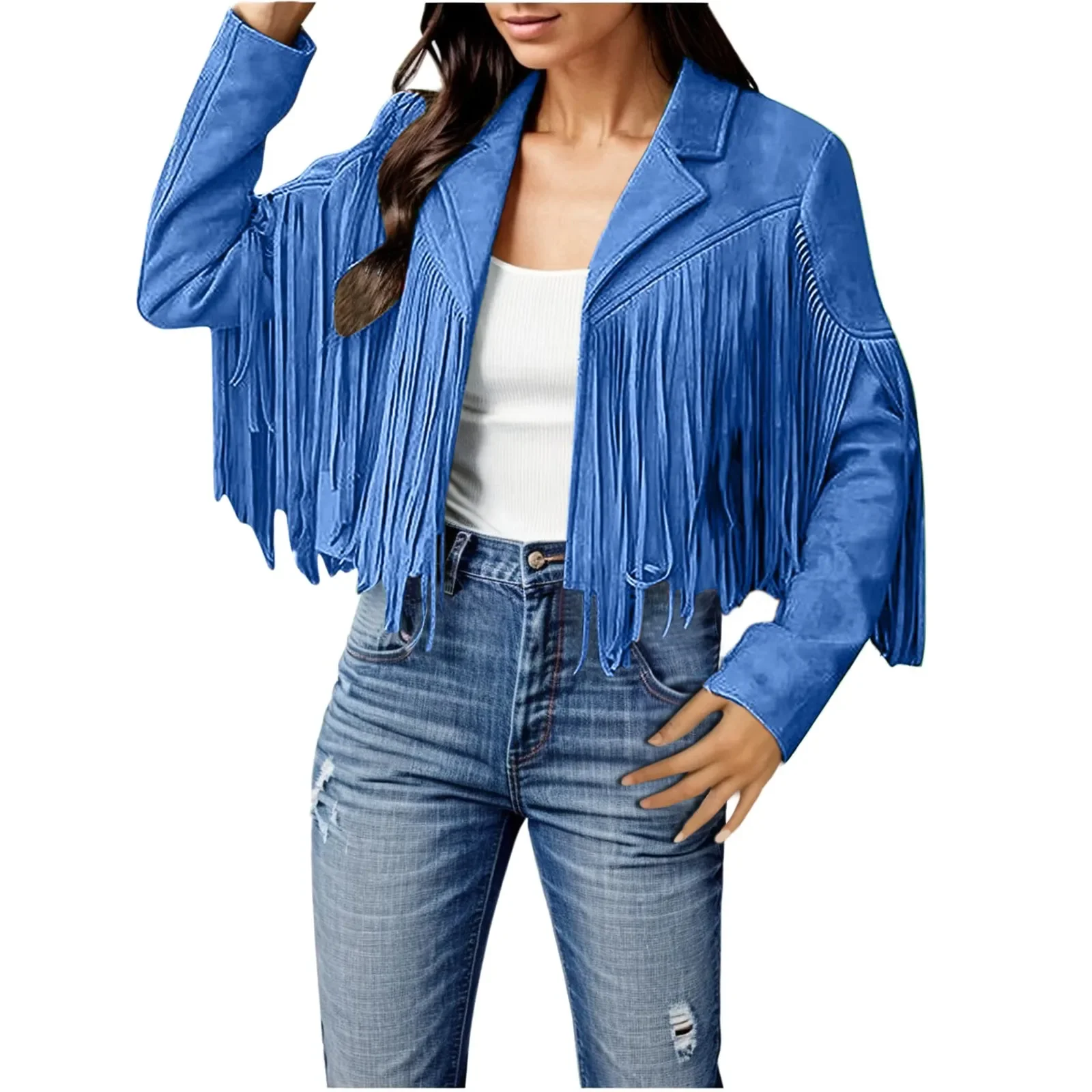 

Lady Fringe Faux Suede Leather Jackets Fashion Tassel Motorcycle Cropped Coats Work Outfits