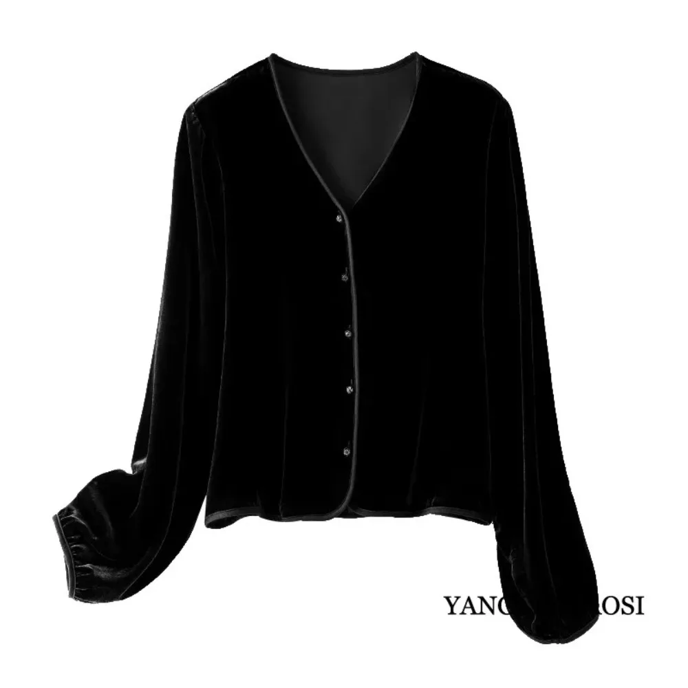 2025 Women's Fashion Autumn Clothing 30% Natural Mulberry Silk Velvet V-neck Lantern Long Sleeved Versatile Solid Color Cardigan