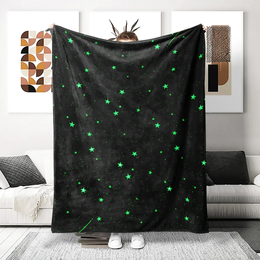 Black Green Glowing Stars Cute Flannel Fleece Throw Blanket Soft Plush Bed Couch Cover Perfect Gift for Women Girls Kids