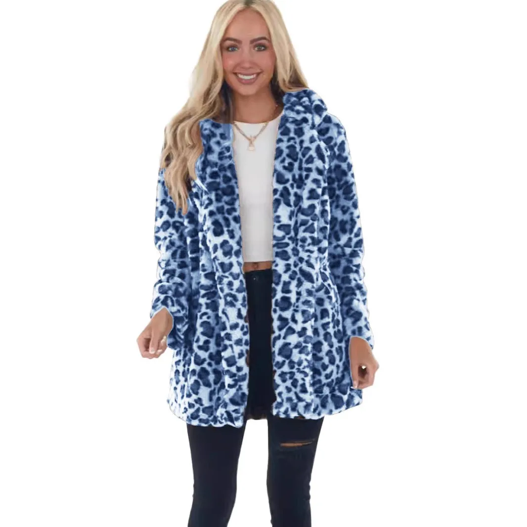 Pocket Pockets Coat Midi Length Commuter with No Button Closure Long Sleeves Patchwork Casual Leopard Print Winter Women Jacket