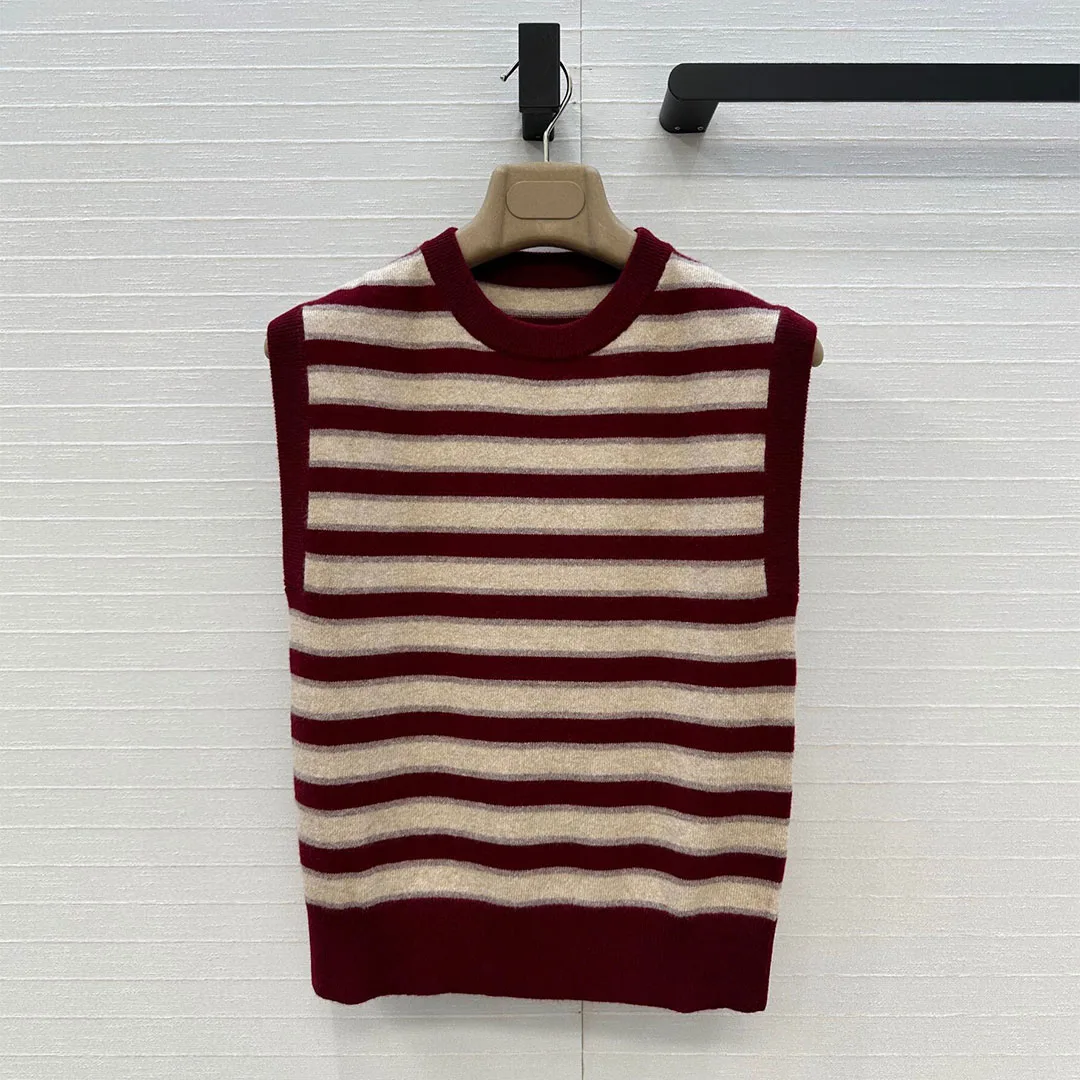 

High Quality 100% Cashmere Knitted Tank Tops Women O-neck Sleeveless Stripes Lurex Contrast Color Elegant Knitting Vest Tops