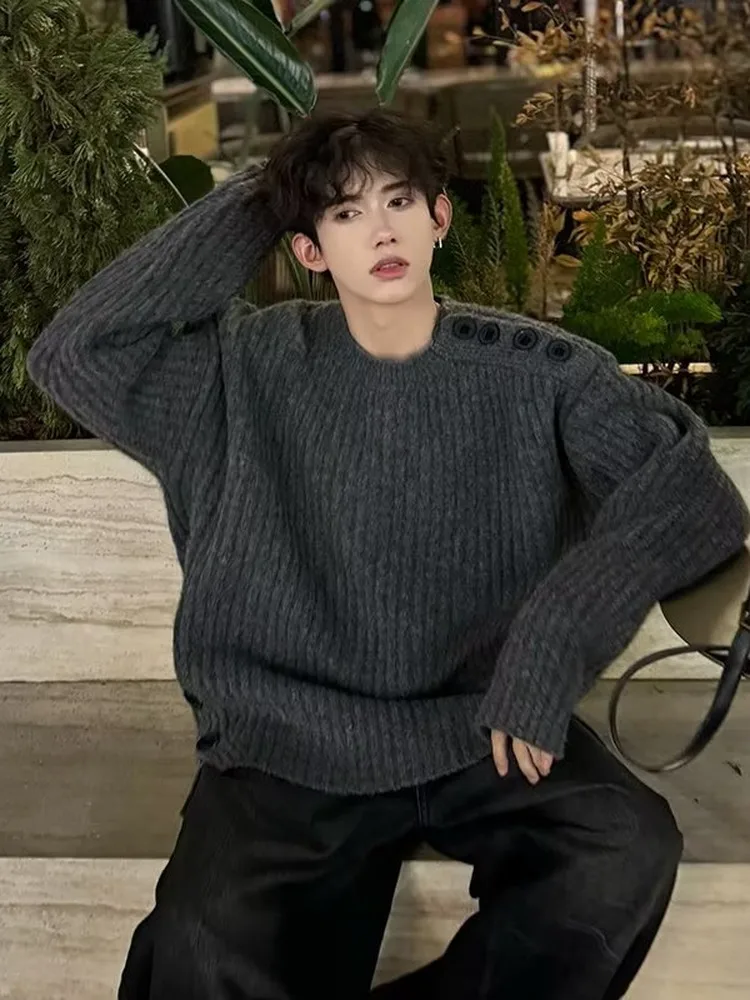 American Retro Decomposition Grey Hollow out Knitted Sweater Jacket Men's Casual Style Loose Fit Long Sleeve round Neck