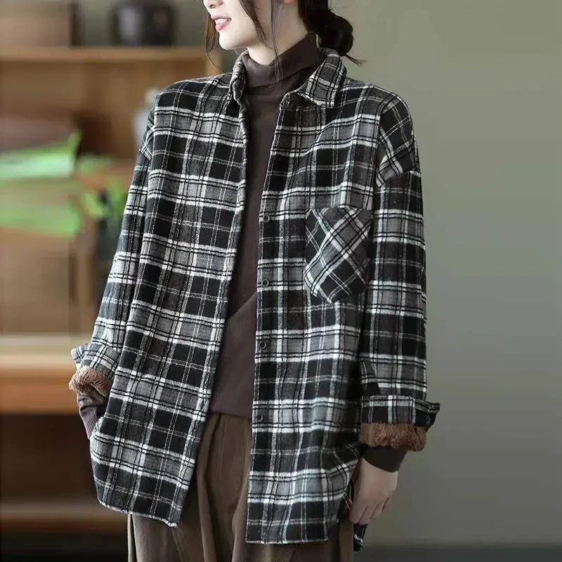 MEXZT Women Thick Plush Warm Plaid Shirts Vintage Pocket Loose Y2k Blouse Autumn Winter Female Casual Korean Long Sleeve Tops