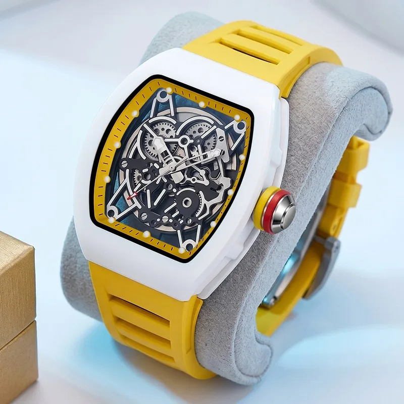 Ins Popular Tonneau Hollow Skeleton Men Watch Colorful Case Silicone Band Sport Luminous Quartz Wristwatch Fashion Male Clock Re