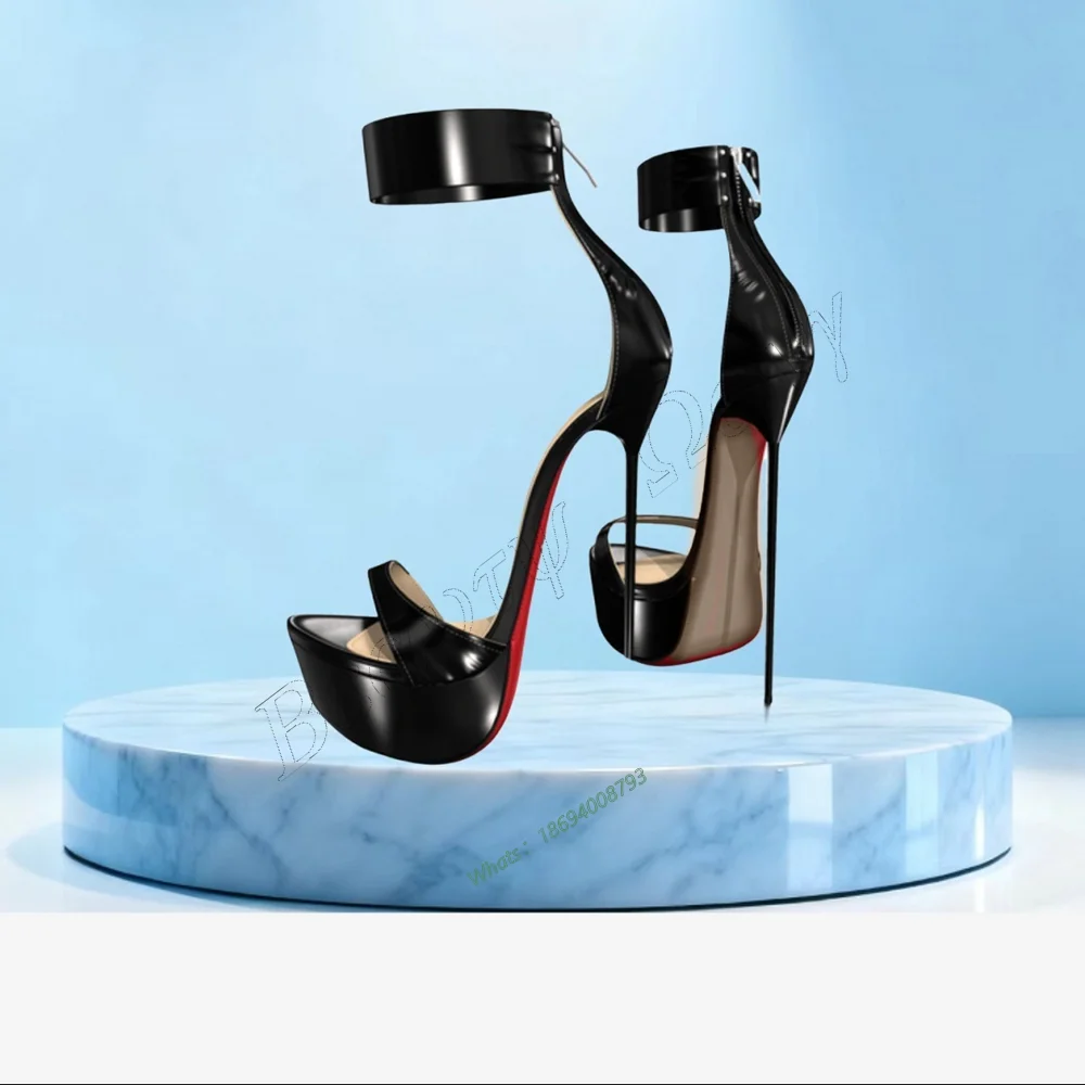 

Black Patent Leather Back Zipper Sandals Solid Thin High Spike High Heel Shoes Knee Sexy Women Shoes New Zapatos Para Mujere