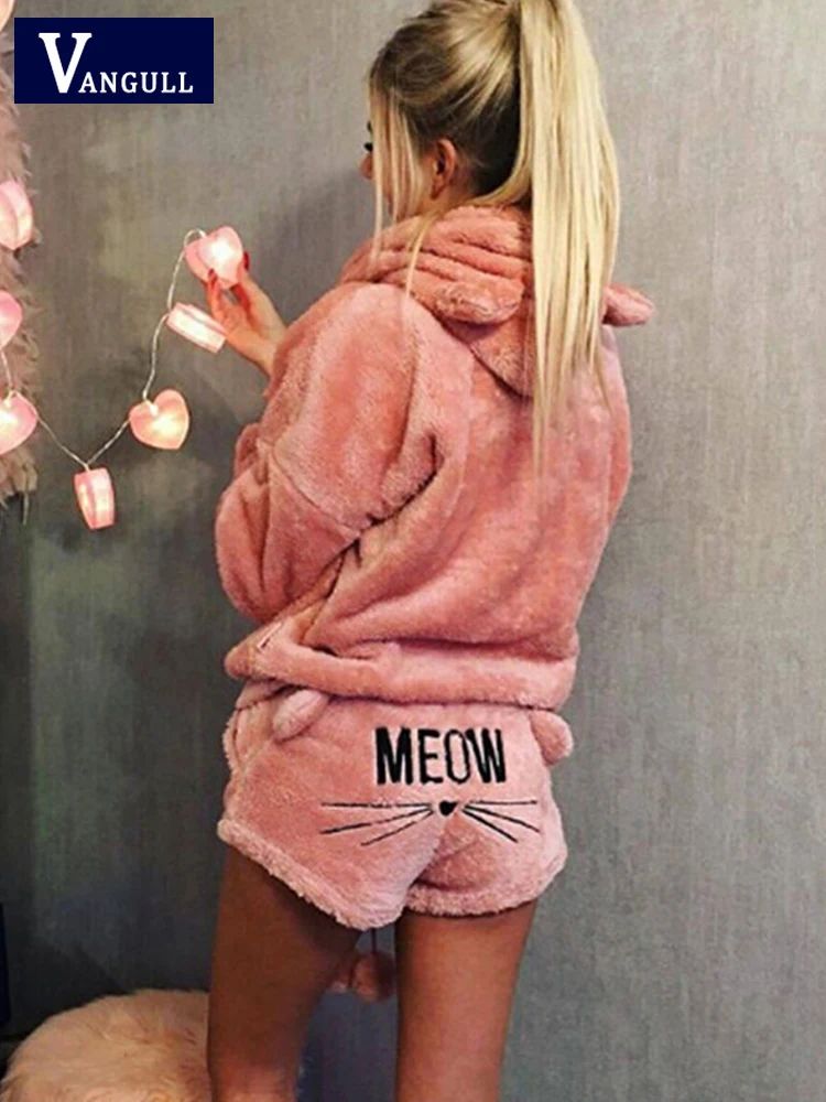 

Vangull Cute Cartoon Pattern Two Piece Set Women Cat Embroidery Pajamas Warm Coral Velvet Suit Sleepwear Hoodies Tops Shorts Set