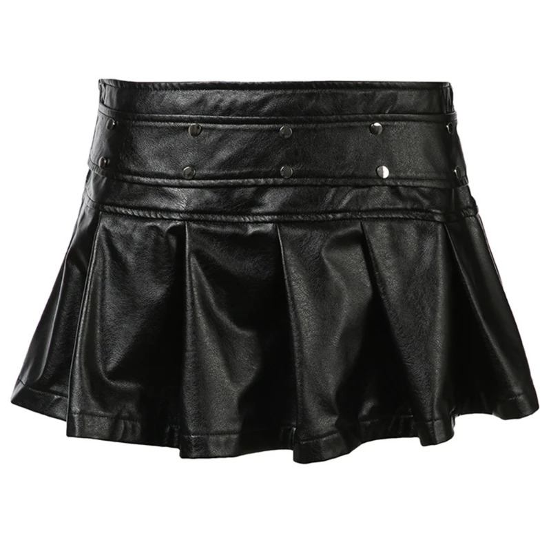 

Womens Vintage PU Faux Leather Low Waist A-Line Short Skirt Punk Grunge Rivets Studded Pleated Flared Mini Skirts