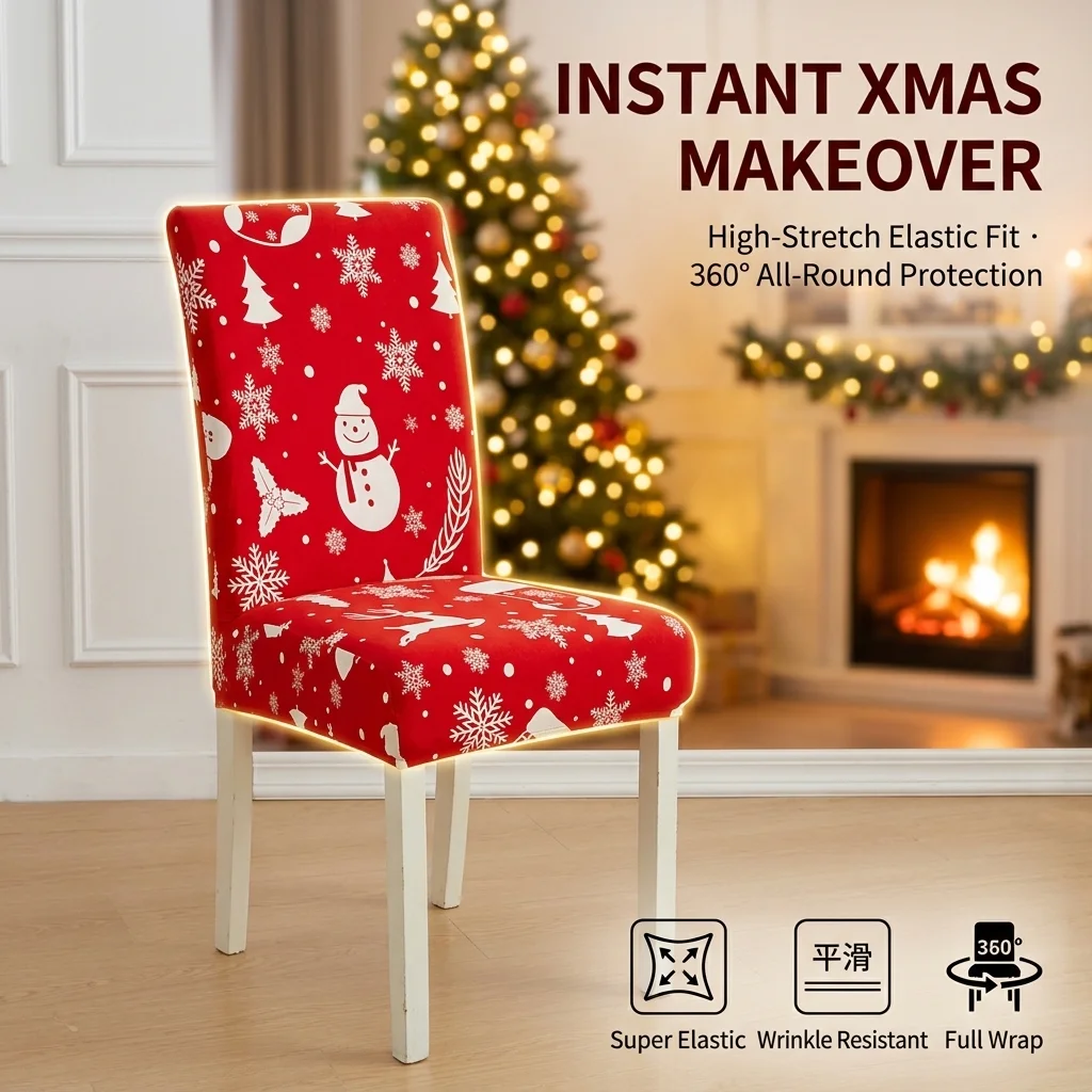 Festive Printed Stretch Dining Chair Cover Spandex Elastic Seat Cushion Slipcover Soft Kitchen Chair Protector Holiday Decor
