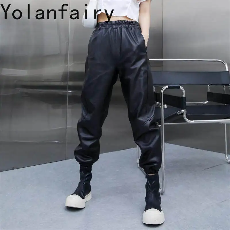 YOLANFAIRY Genuine Sheepskin Leather Harem Pants for Woman Fall Black Elastic Waist Commute Nine Points Casual Leather Trousers