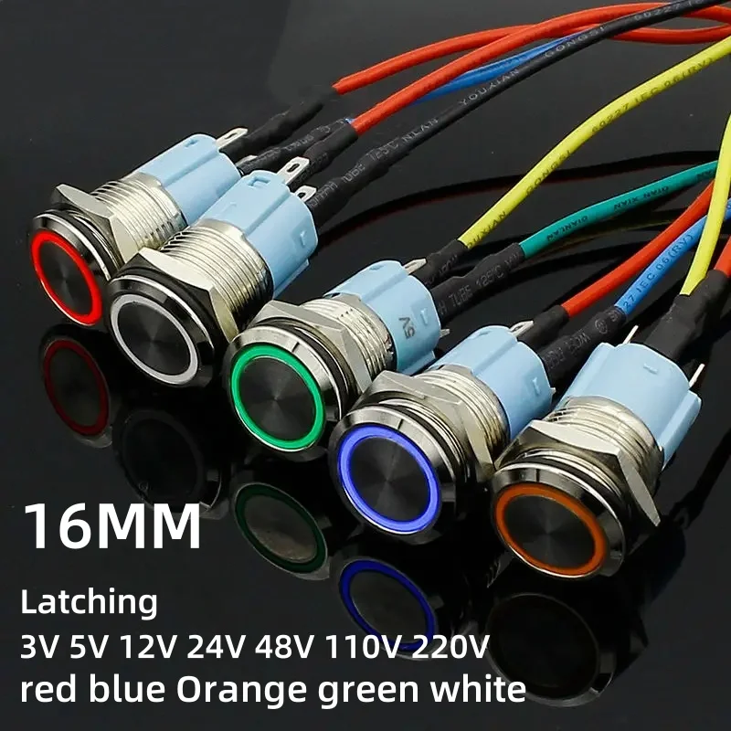 16mm 3V 5V 12V 24V 220V Red Blue Orange Green White Light Hot Car Auto Metal LED Power Push Button Switch Latching Type On-off