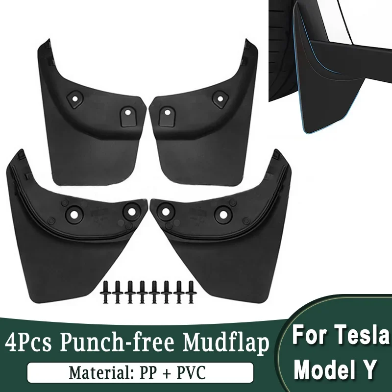 For Tesla Model Y 2020-2023 Punch-free Fender Mudguard Front & Rear Wheel Fender Protective Splash Guards Flares PVC Mudflaps