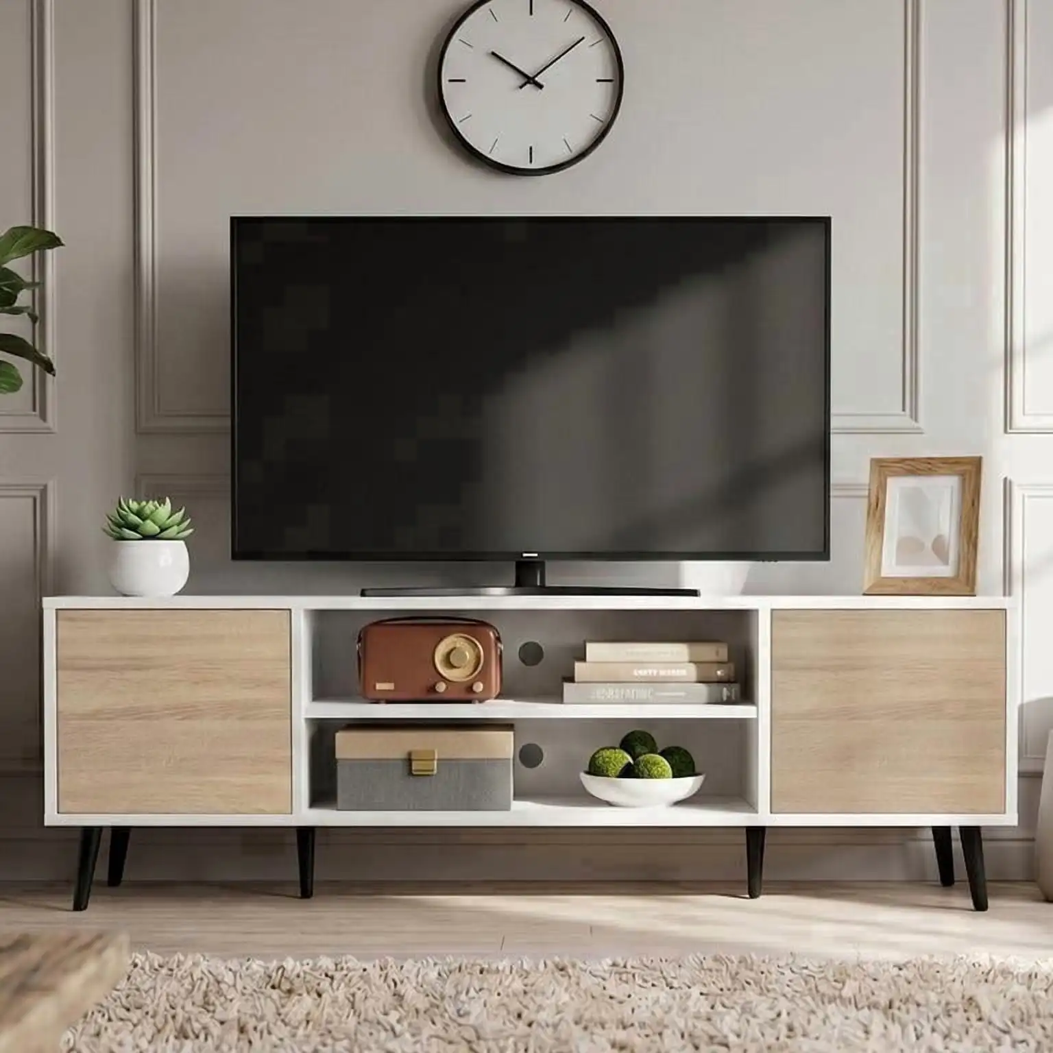 Modern TV Stand for TVs up to 55'', Wood Entertainment Center with Storage Drawers & Cable Management for Living Room, White & Walnut