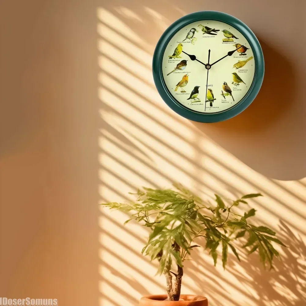 Reloj Musical con diseño de pájaros para colgar en la pared, decoración con sonido, marco verde, melodía para dormitorio y oficina