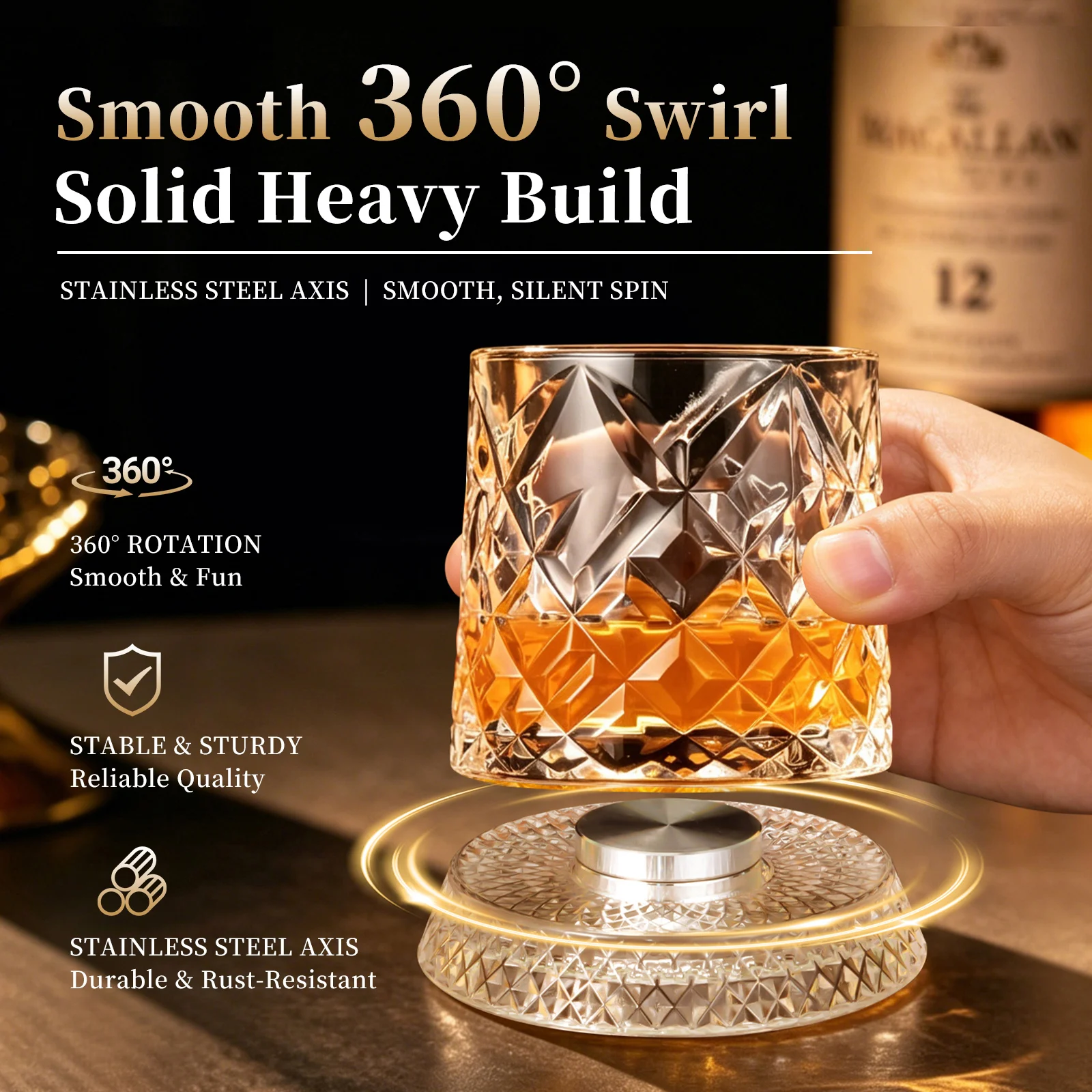 Spinning Whiskey Glasses Set with 4 LED Light & Ice Molds, 9.5oz Unique 360 Degree Rotating,Anti-slip Weighted,Ideal for Bourbon Scotch Old Fashioned,Gift for Whiskey Lovers(Diamond Pattern) Brand: Vigirlc