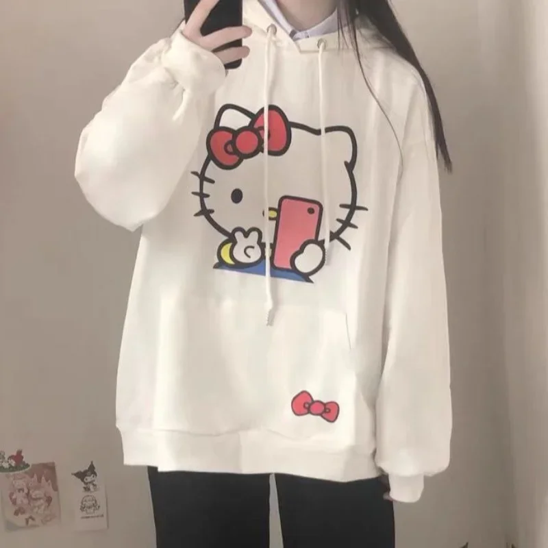 

Hello Kitty Print Long-sleeved White Hoodie Women Spring/Autumn Cute Girl Sweatshirt Loose with Casual Pullover Graphic T Shirts