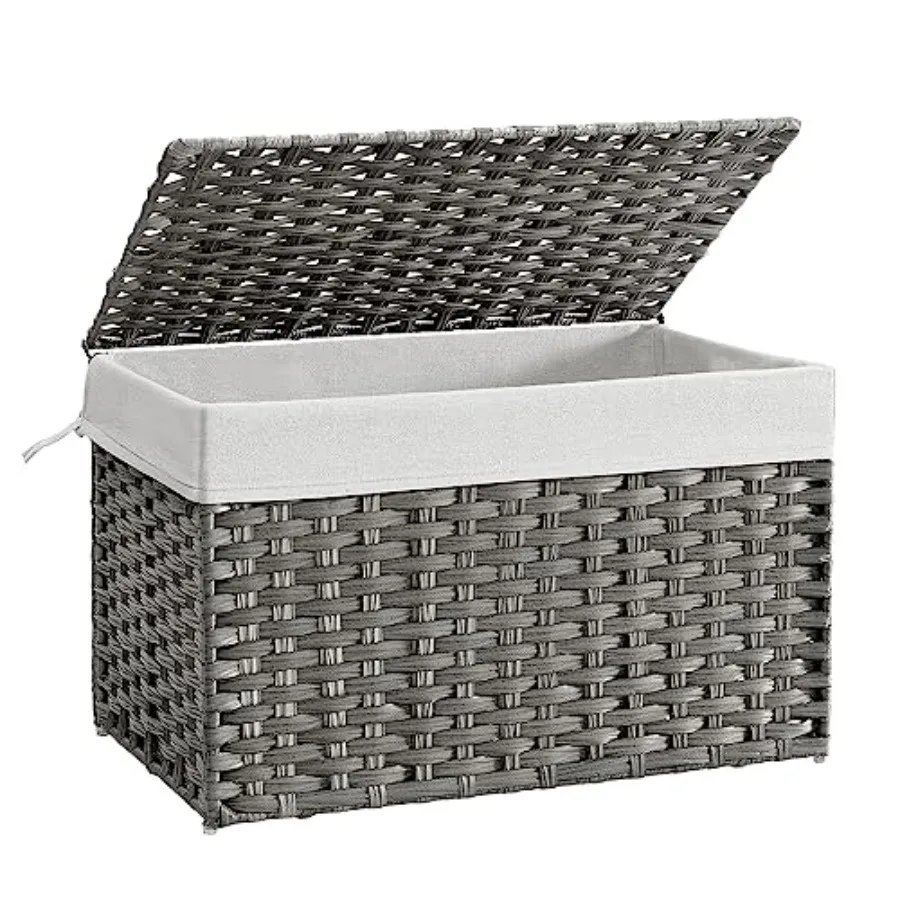 

Storage Basket with Lid, Woven Blanket Storage Bin with Handles, Foldable, Removable Liner, Metal Frame, for Bedroom, Laundry R