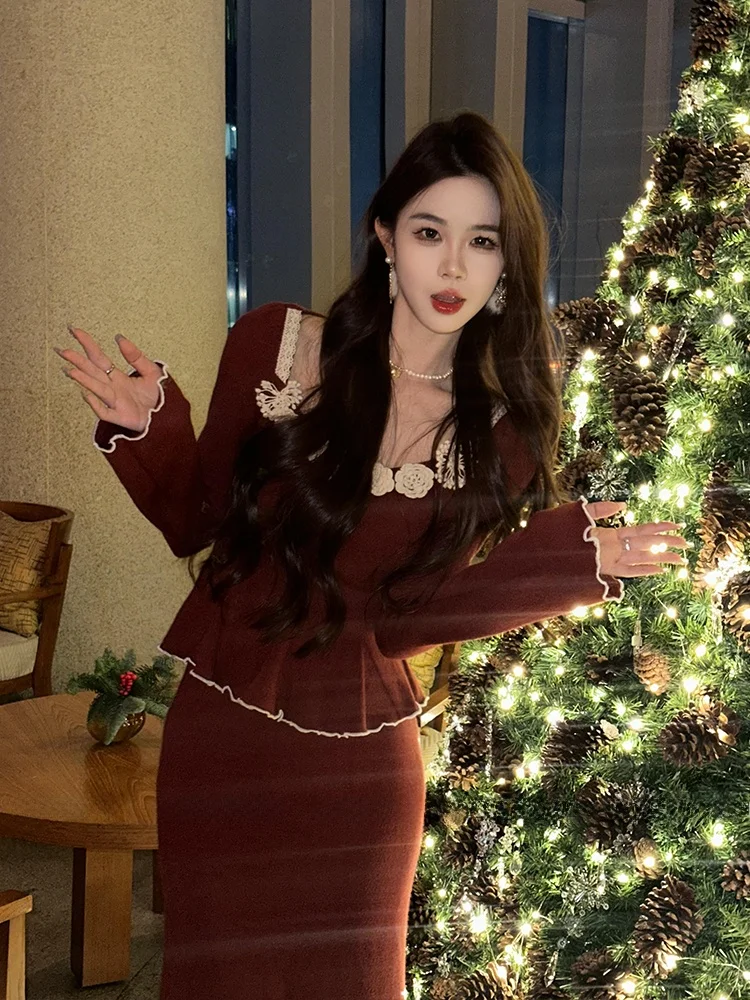 

XZY plus Size Knitted Top Women's Winter Floral Print Waist-Cinching Christmas Theme Casual Fashion High Waist Straight Cut
