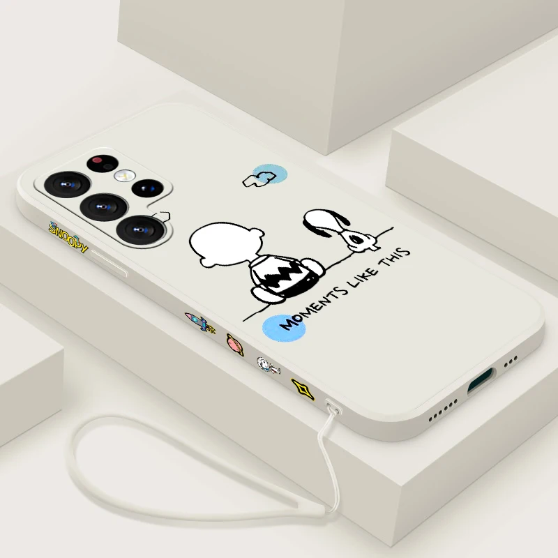 Cartoon Kawaii S-Snoopy For Samsung S24 S23 S22 S21 S20 Fe S10 Note 20 10 Ultra Lite Plus Liquid Left Rope Phone Case