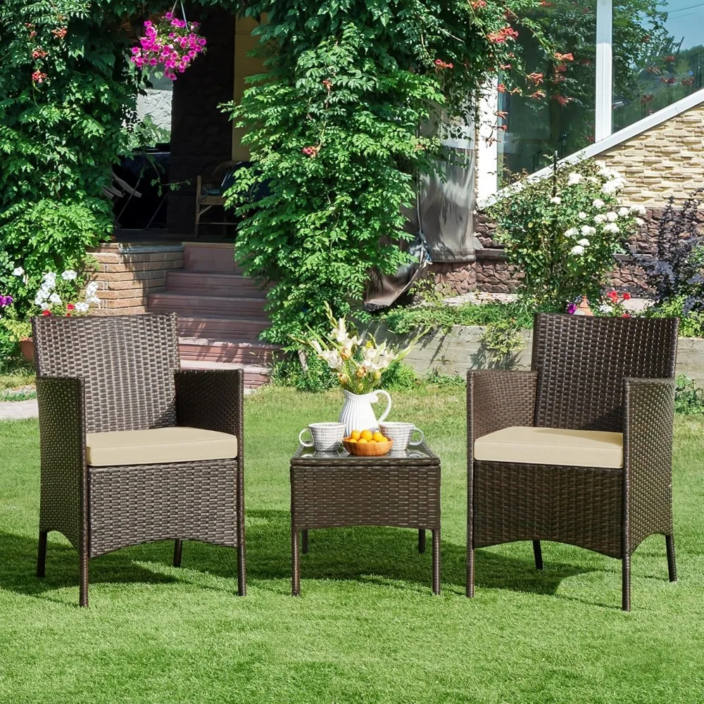 3 Pieces Patio Porch Furniture Set, Outdoor PE Rattan Wicker Conversation Set with Soft Cushions, Glass Coffee Table
