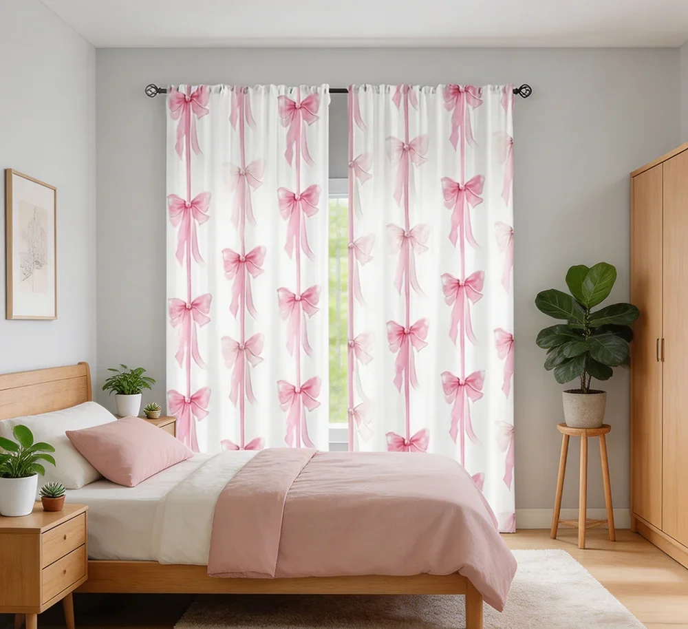 2PCS Digital Printed Curtains, Pink Cosmetic Bow Knot Sweet Girly, Rod Pocket Window Drapes for Living Room Bedroom Decor
