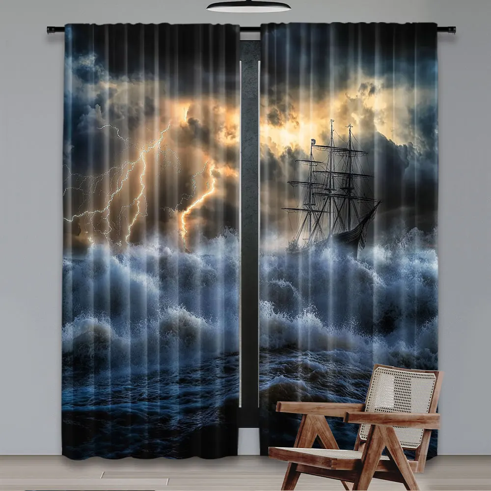 2Pcs Waves Sea Curtain Boat Storm Dark Clouds Lightning Curtain Apply To Living Room Bedroom Store Hotel