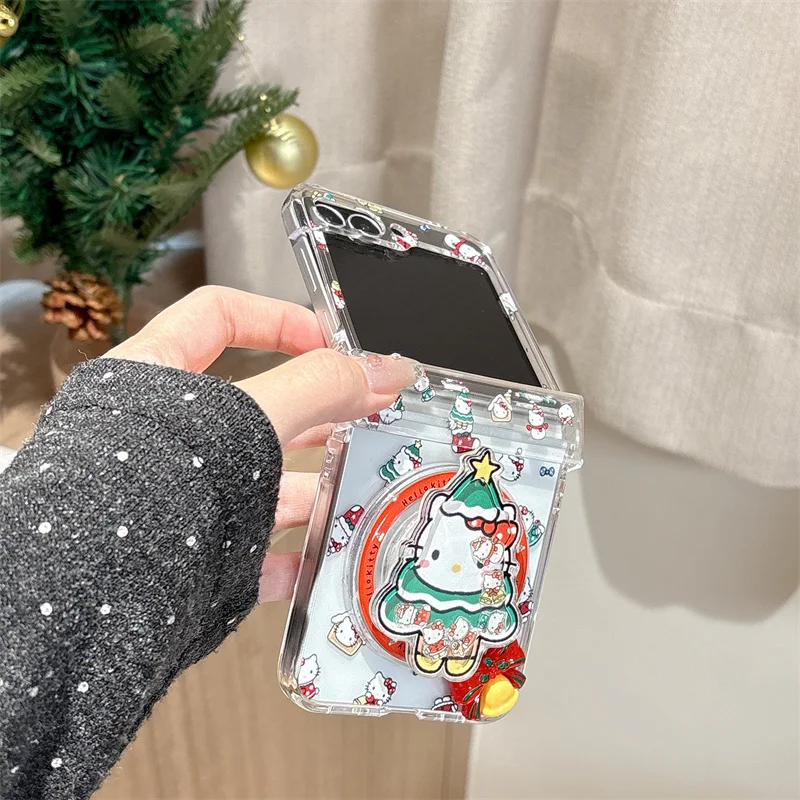 مضحك لطيف عيد الميلاد Hellokitty المغناطيسي قضية الهاتف لسامسونج غالاكسي Z فليب 7 6 5 ZFlip6 غطاء مع حامل حالات ل Magsafe Ca