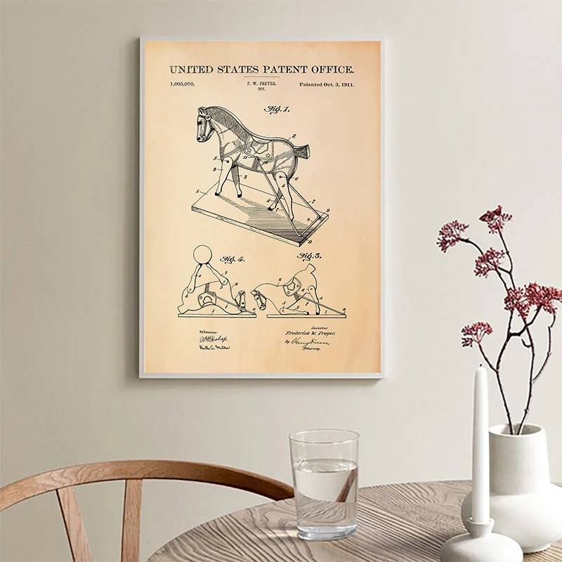 (1PC Unframe)Vintage Toys Drawing Posters Robot Teddy Bear Bicycle Aircraft Patents Illustration Prints Canvas Painting Wall Hom
