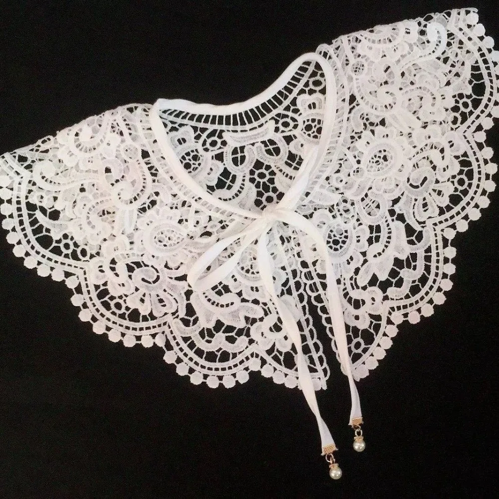 Embroidered Lace Fake Collar Shawl Ribbon Bow Ruffled Trim False Collar Wrap Hollow Pearl Pendant Lace Detachable Collar Summer