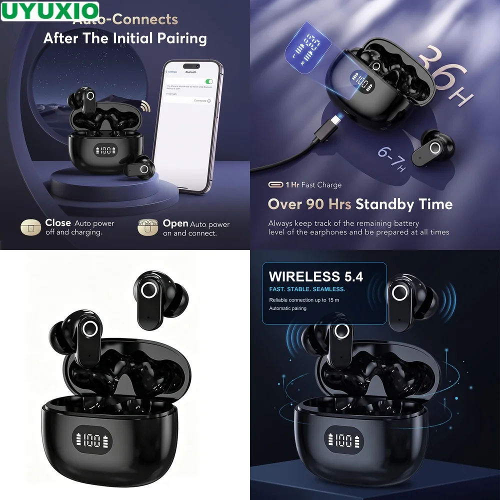 Écouteurs sans fil TWS, casque sans fil, casque à réduction de bruit, Bluetooth 5.4, appairage automatique, basses profondes pour musique, appels et jeux