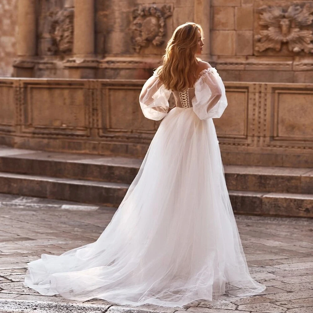 Suknie ślubne z koronkowymi aplikacjami dla panny młodej, tiulowe, długie, z odkrytymi ramionami, plażowe, w stylu boho, na zewnątrz, księżniczka, suknie ślubne.