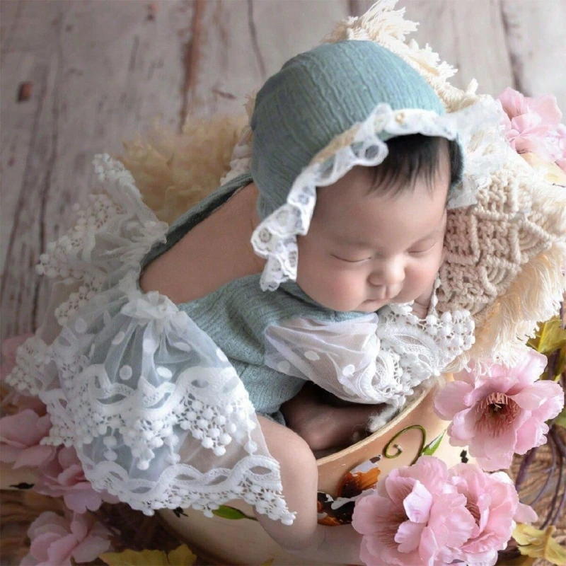 0-1M Baby Girls Photography Props Lace Dress Jumpsuit Bonnet Hat Newborns Photo Props Photoshooting Hat & Romper Costume