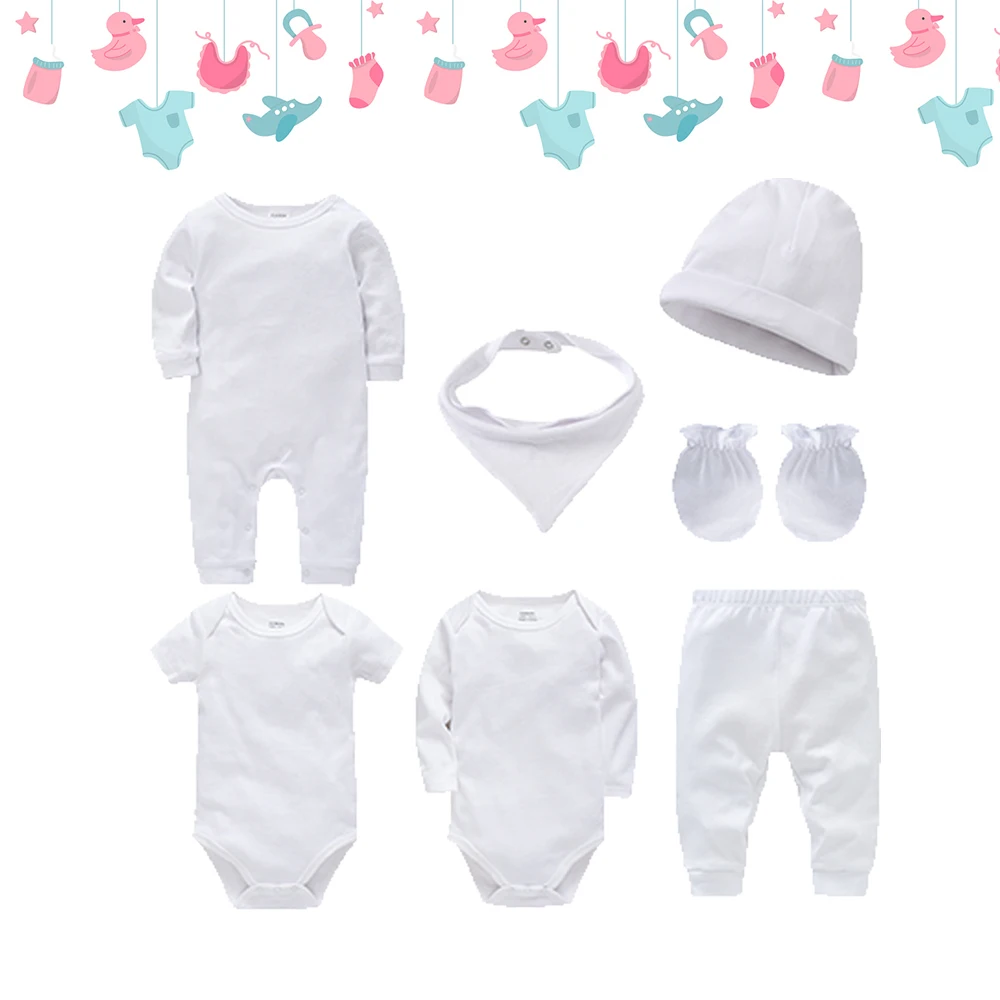 

Newborn Baby Clothing Set Blank Muslin White Baby Boys Romper +Pant+Hat+Bib+Mittens Baby Girls Clothes Plain 100% Cotton Jumpsui