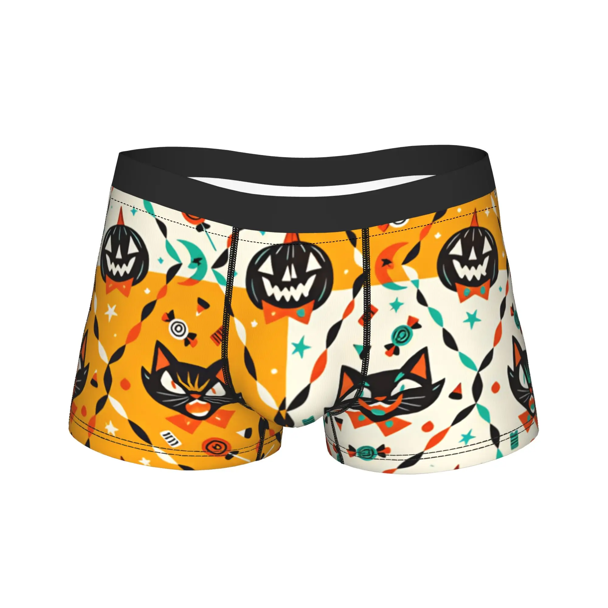 Halloween Retro Black Cat Pumpkin Candy Seamless Pattern Underwear  Design Boxershorts High Quality Panties Elastic Boxer Brief