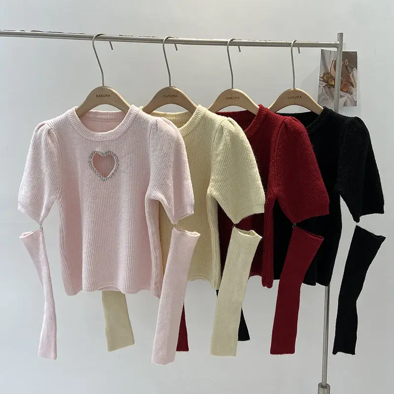 Korean style Knitted Spring Autumn Full Flare Sleeve O-neck Sweater Heart Shape Cut Out Slim Pullover Jumper Women Knitwear