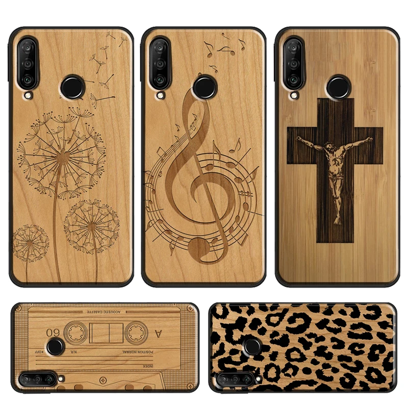 Leopard Print Compass Wood Case For Huawei P30 Pro P40 P20 Lite Mate 20 Lite P Smart 2019 Z Nova 5T Honor 50 10i 8X 9X