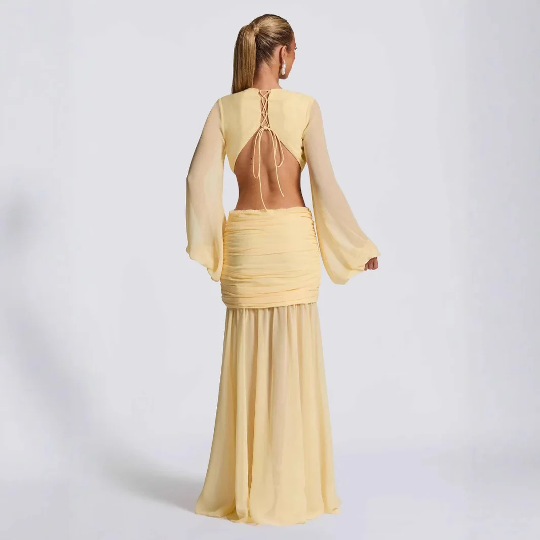2025 Vestido de gasa para mujer con mangas transparentes, Vestido largo de manga larga calado de Color sólido a la moda sin espalda Sexy Vestido de mujer