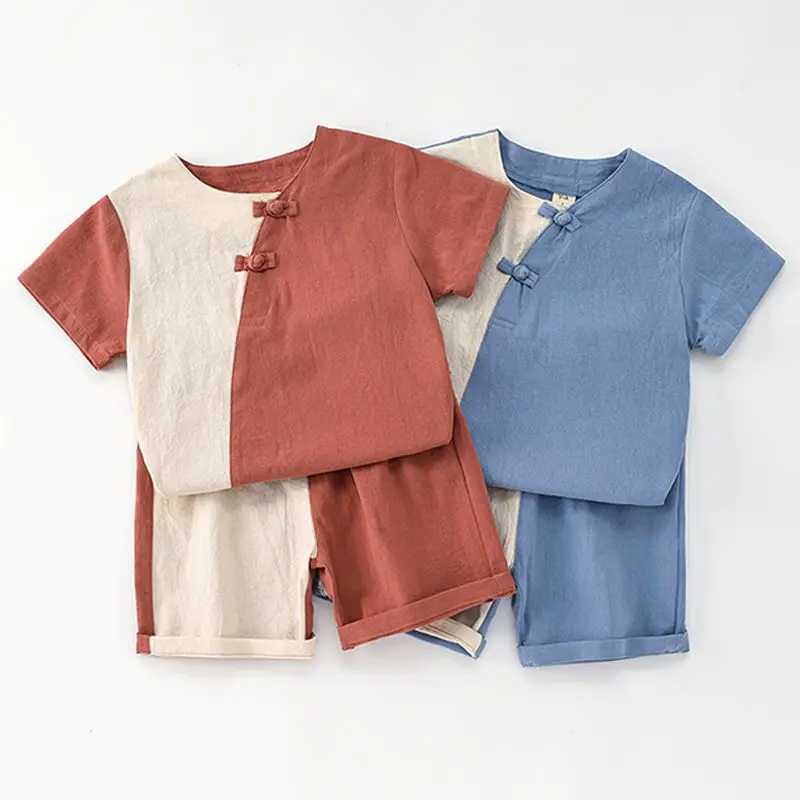 

Summer Baby Suit Chinese Style Cotton and Hemp Short-sleeved Top + Shorts Baby Boys and Girls Two-piece Set