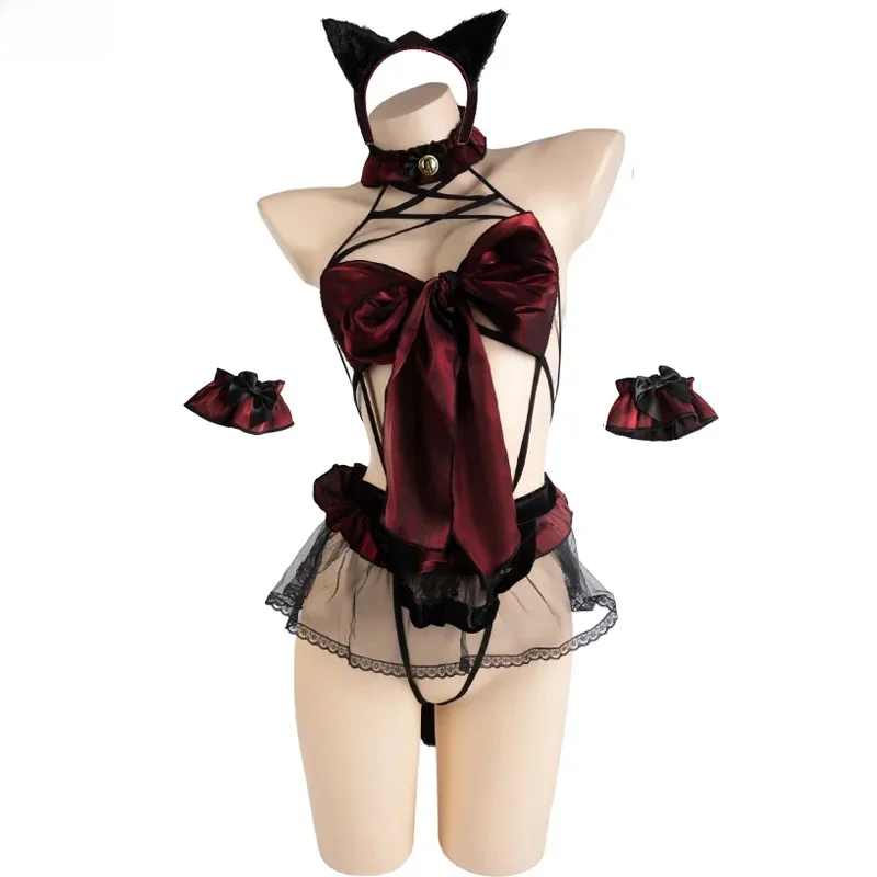 XXOO erótico Sexy vampiro gato arco lencería Sexy cola noche de Halloween juego de rol mujeres tentación pijamas trajes disfraces eróticos